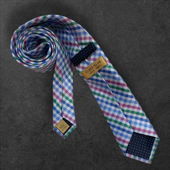 Class Club Gold Label Men's Gingham Plaid 100% Silk Professional Tie - Picture 3 of 3